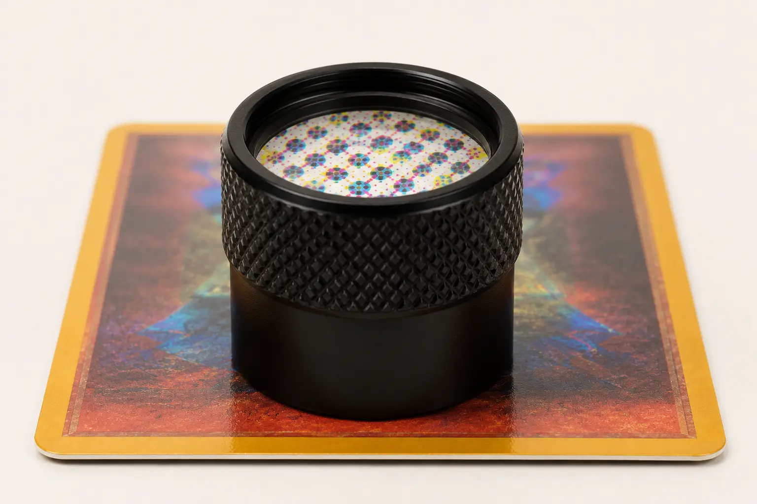 A 10x jeweller's loupe resting on a trading card, with a CMYK halftone rosette pattern sharply magnified inside the lens