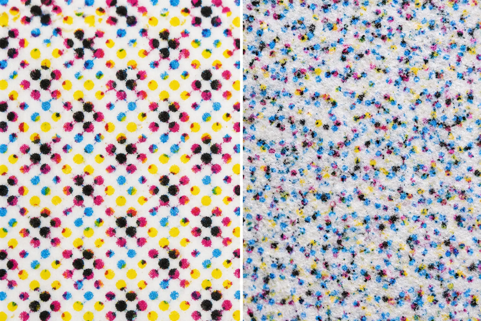 Side by side comparison at high magnification: offset printing showing regular CMYK halftone dots on the left, inkjet showing random scattered droplets on the right