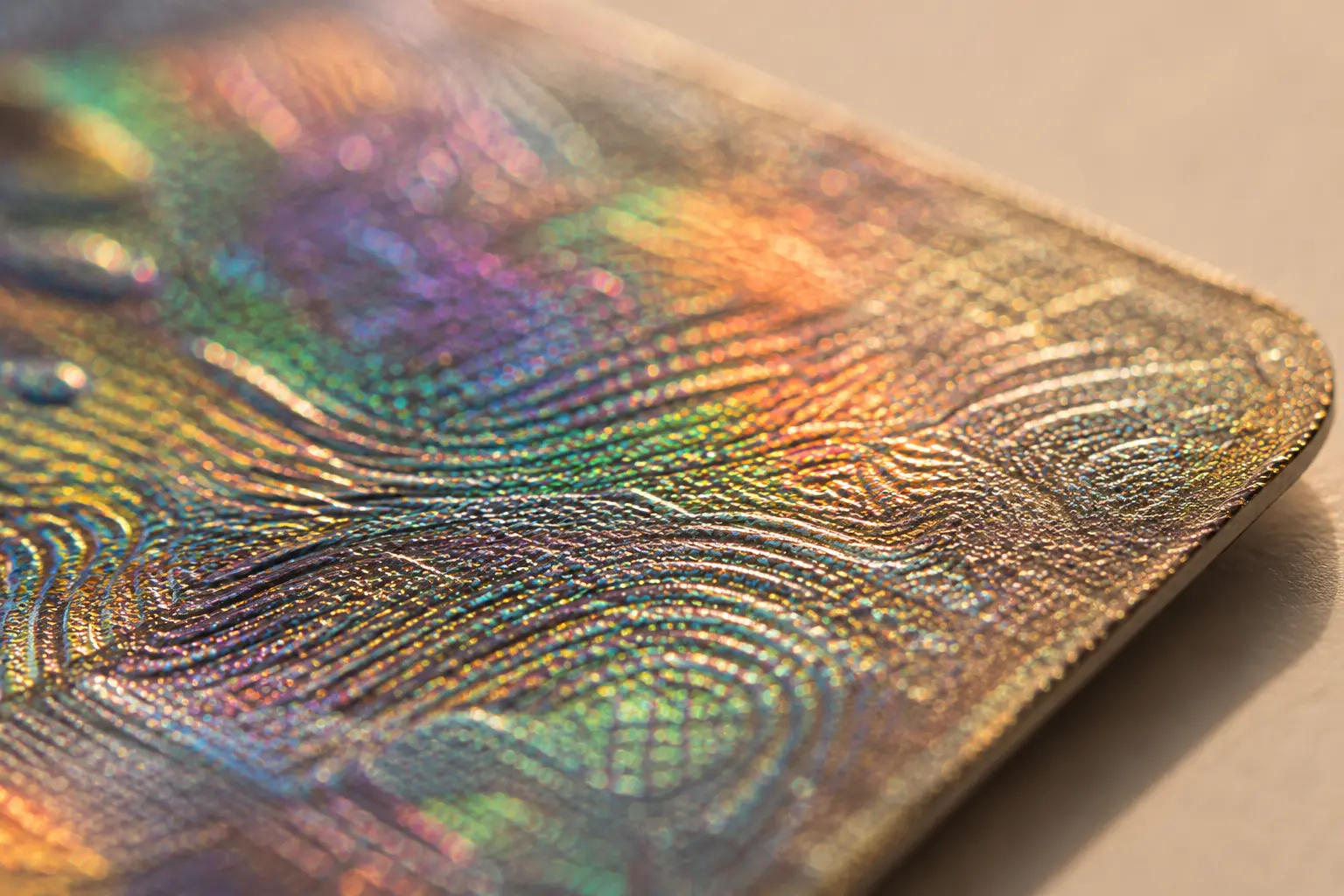 Extreme close-up of a textured holographic card surface at a raking angle, showing embossed ridges casting real shadows over an iridescent foil layer